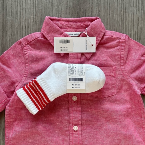 NWT Janie and Jack Linen Button Up Roll-Cuff Shirt & Striped Socks Red 12-18M - Picture 11 of 12
